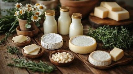 Fototapeta premium Artisanal Cheese and Dairy Delights: A Rustic Tabletop Still Life