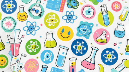 A bright science fair sticker sheet featuring cute cartoon illustrations of lab equipment, science symbols and fun icons.