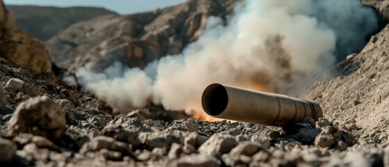 A cannon lies silent in a rugged terrain, with smoke billowing in the background, evoking a sense of history and dramatic past battles.