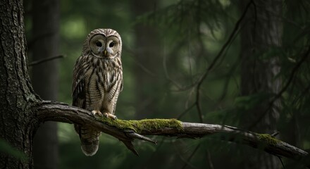 Obraz premium Majestic owl perched on moss-covered branch in misty forest setting