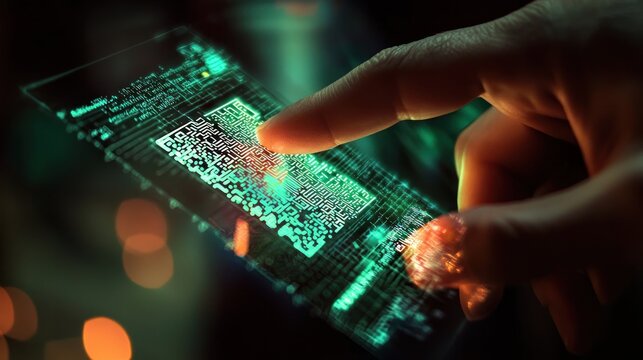 A detailed close-up of a hand scanning a QR code for digital payment, showcasing the convenience and innovation of cashless transactions.