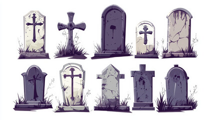 Fototapeta premium Halloween grave headstone cartoon illustration. Vector old tombstone with christianity cross and crack texture. Isolated blank gothic plate icon set. Burial rip pedestal. Antique spooky crypt sign