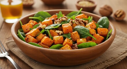 Fototapeta premium Fresh spinach and roasted butternut squash salad with walnuts and quinoa