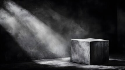 Dramatic Monochrome Cube Product Display in Dark Room with Light Beams