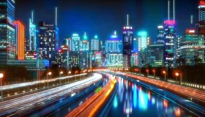 Fototapeta premium A vibrant city skyline illuminated at night, featuring tall buildings, colorful lights, and a flowing river with light trails from moving vehicles.
