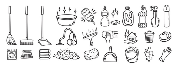 Cleaning kit equipment doodle hand drawn icon set. Outline drawing cleaning inventory, clean tools wash, bucket and mop, spray bottle with detergent cleaner line clipart symbol collection
