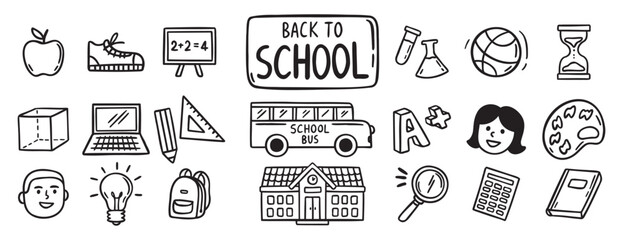 Back to School doodle hand drawn icon set. Outline drawing school items line clipart symbol collection 