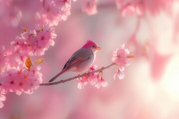 a vibrant songbird perches delicately on a blooming cherry blossom branch, soft morning light filtering through pink petals, creating a dreamy spring atmosphere