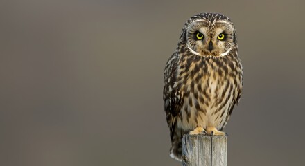 Majestic owl perched on wooden post against soft focus background