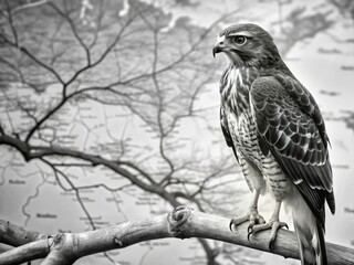Fototapeta premium A stark black-and-white Maryland map depicts state districts, geography, wildlife including the state bird, and its location in the USA.