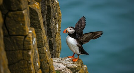 Obraz premium Puffin on rocky cliff with wings outstretched by the ocean