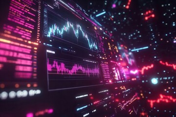 a vibrant tech interface showing global cryptocurrency trading, with holographic charts, neon data streams, and real-time market indicators floating in deep space