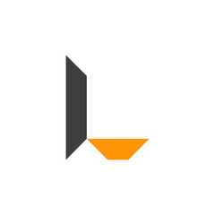 The image features a geometric abstract design formed by two intersecting shapes. One shape is a vertical rectangle in dark gray, and the other is a triangular shape in orange that extends horizontall
