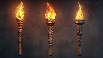 Medieval torch flame. Ancient fire stick cartoon icon for game. Hawaiian flambeau for wall. Viking wood and greek marble burn ceremony flashlight cup element collection. Old history lantern 2d kit