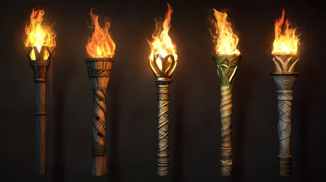 Medieval torch flame. Ancient fire stick cartoon icon for game. Hawaiian flambeau for wall. Viking wood and greek marble burn ceremony flashlight cup element collection. Old history lantern 2d kit
