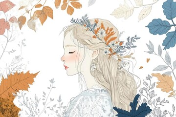a whimsical fashion illustration series featuring delicate line drawings of young women in seasonal attire, with flowing dresses and nature-inspired elements, minimal shading, coloring book style