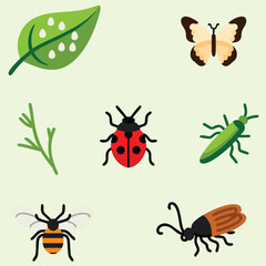 This image features a collection of simple, flat icons representing different insects and a leaf