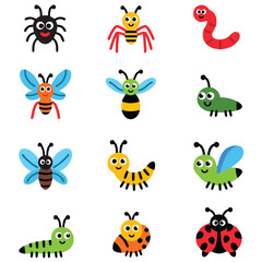 This image features a collection of 9 different cartoon insects, each with large eyes and friendly expressions