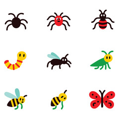 A collection of nine cartoon insect illustrations