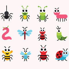 Obraz premium A collection of cheerful cartoon insects, featuring various types like spiders, worms, ants, bees, ladybugs, and more