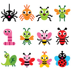 A collection of 12 adorable cartoon insects, featuring a spider, worm, bee, butterfly, ladybug, and grasshopper
