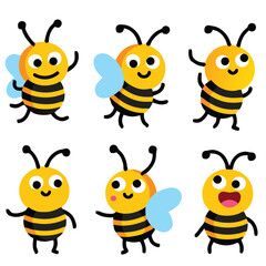 A set of six cheerful, cartoon bee illustrations, showcasing different poses and expressions