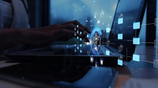 Ai Futuristic holographic interface of a file manager, folder structure with documents and data scanning, digital document storage software, cloud database, search and manage documents, paperless - Powered by Adobe