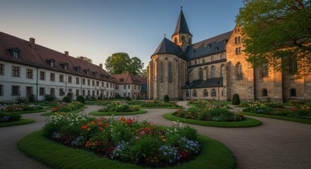 Fototapeta premium Historic abbey surrounded by lush gardens at sunset: serene architectural beauty