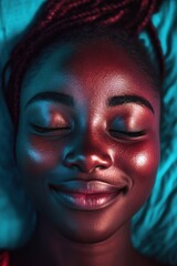 Obraz premium A close-up of a serene smile with closed eyes, expressing inner peace.