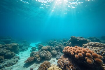 Fototapeta premium A coral reef seen through crystal-clear waters near the shore, with vibrant underwater detail.