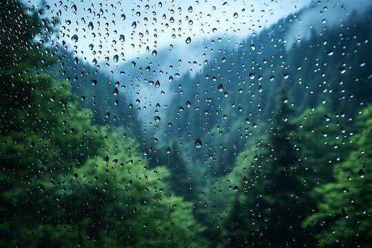 Fototapeta Rain drops on a window pane with a forest in the background