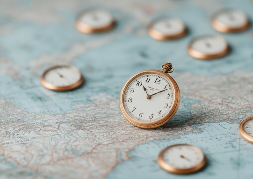 Vintage Navigation Aesthetics Antique Brass Pocket Watches on Maps for Luxury Travel Content and Collectors Market Exploration