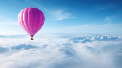 Fototapeta premium Pink hot air balloon above cloudscape, mountain range background, freedom, travel