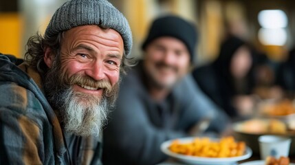 A smiling homeless man at a shelter enjoying a warm meal, surrounded by others in a supportive community setting, highlighting hope and kindness