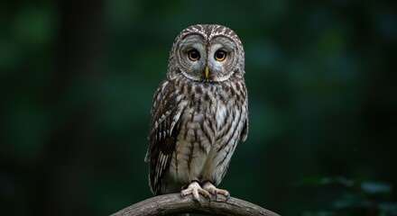 Stunning portrait of a barred owl perched on a branch in a forest setting