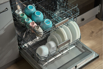 Open dishwasher in kitchen loaded clean crockery items, including white plates, bowls and cups ready for unloading. Modern home appliance