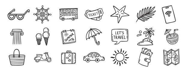travel doodle hand drawn icon set. Outline drawing travel tourism line clipart symbols