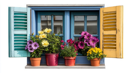 Naklejka premium Wooden windows with open shutters in mediterranean style isolated on white background. Vector cartoon set of house windows with colored frames, curtains and flower pots on sill