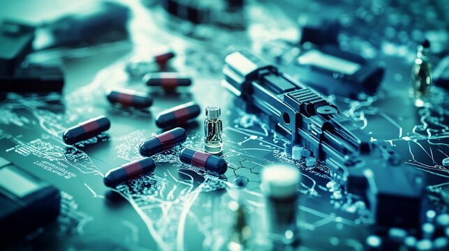 Symbolic visualization of drug trafficking narcotics control featuring law enforcement technology border security strategies forensic drug analysis global efforts to combat illegal substance smuggling