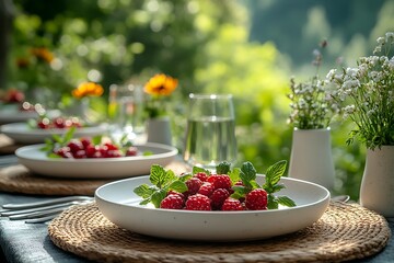 A rustic outdoor table setting with fresh raspberries and mint.