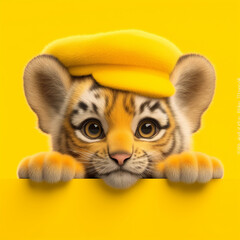 Obraz premium Cute Tiger Cub in Yellow Hat on Yellow Background