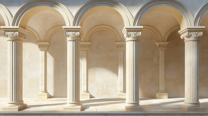 Obraz premium Classical architectural arches supported by columns in various design - pointed with clean details, rounded with minimalist lines, and ornamented circular with decorative elements. 3d Greek pillar.