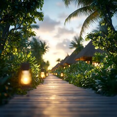 Fototapeta premium Tranquil Tropical Pathway with Lanterns and Charming Cottages