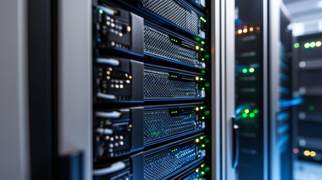 A cutting-edge high-speed server with a sleek, modern design in a clean, high-tech data center