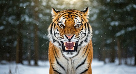 Obraz premium Majestic tiger roaring in snowy forest with intense gaze and falling snowflakes