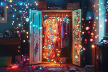 A closet is decorated with lights and clothes