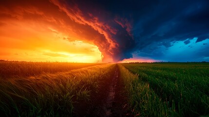 Obraz premium Dramatic Sunset Over Field with Approaching Storm Clouds