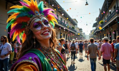 Obraz premium Happy woman wearing a mask on the street during the Mardi Gras carnival. Street artist in a national headdress with feathers