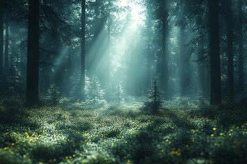 Obraz premium Sun rays shining through the misty forest