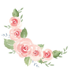 Fototapeta premium Pink Roses floral Composition from Flowers, leaves and Branches. Simple painting isolated on a white background. Love and Romantic illustration for cards, invitations and prints for Wedding, Birthday